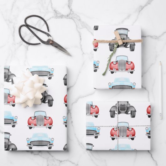 Classic Retro Cars  Aquarelpatroon Inpakpapier Vel (Voorkant)