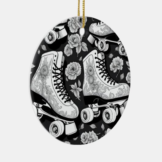 Classic roller schaatsen, rozen, zwart en wit keramisch ornament (Rechts)