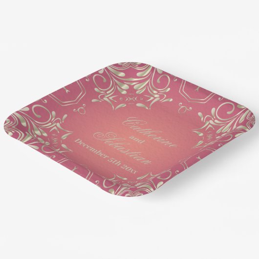 Classic Romantisch Goud Roze Border Bruiloft Papieren Bordje (Gebogen)