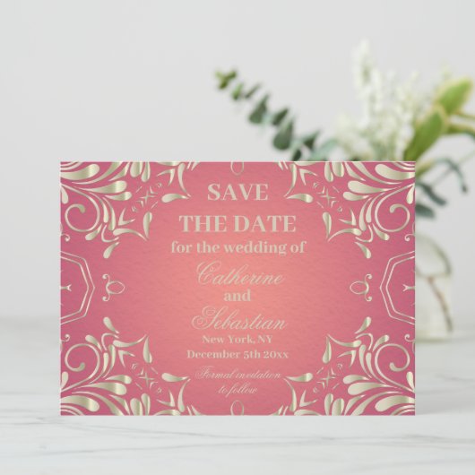 Classic Romantisch Goud Roze Border Bruiloft Save The Date (Staand voorkant)