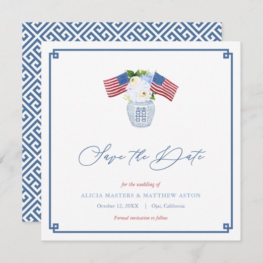 Classic Rood Wit Blauw USA Vlag Ginger Jar Bruilof Save The Date (Voorkant / Achterkant)