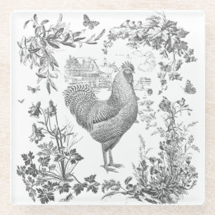 Classic Rooster Grijs Bloemen Toile Glazen Onderzetter
