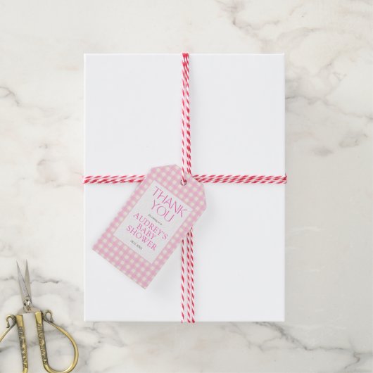 Classic Roze Gingham Meisje Baby shower Cadeaulabel (Met Touw)