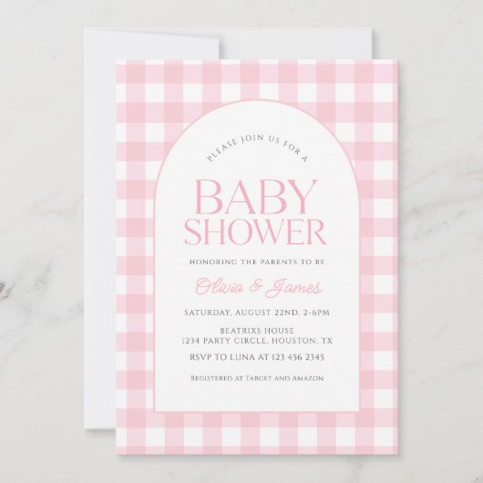 Classic Roze Gingham Meisje Baby shower Kaart (Voorkant)