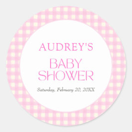 Classic Roze Gingham Meisje Baby shower Ronde Sticker