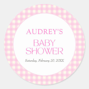 Classic Roze Gingham Meisje Baby shower Ronde Sticker