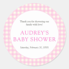 Classic Roze Gingham Meisje Baby shower Ronde Sticker