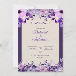 Classic Roze & Paarse Bloemen Huwelijksuitnodiging Kaart