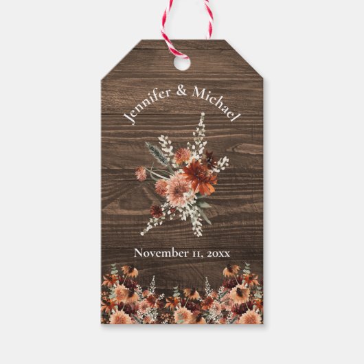 Classic Rustiek Hout waterverf herfst Bloemen brui Cadeaulabel (Voorkant)