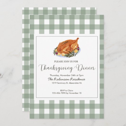 Classic Sage en Plaid Thanksgiving Diner Kaart (Voorkant / Achterkant)