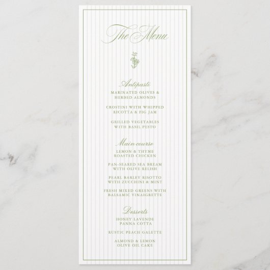 Classic Sage Green & Beige Gestreepte Trouwmenu Menu (Voorkant)