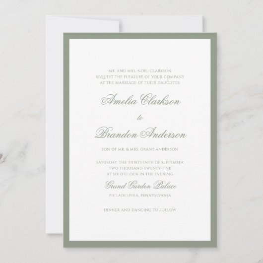 Classic Sage Green Border Script Trouwdetails & Kaart (Voorkant)