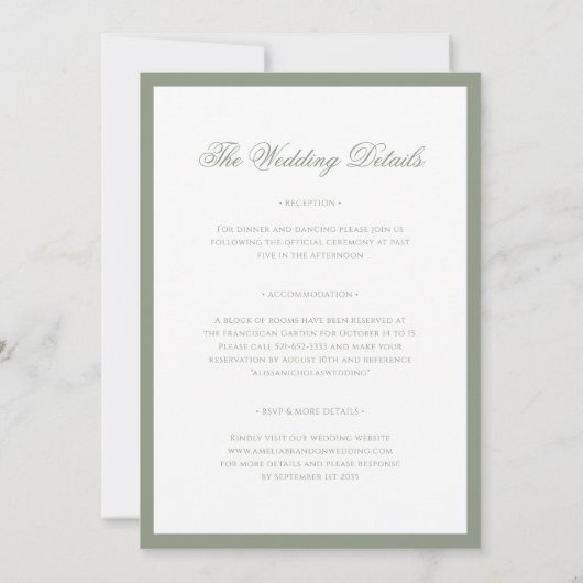 Classic Sage Green Border Script Trouwdetails & Kaart (Achterkant)