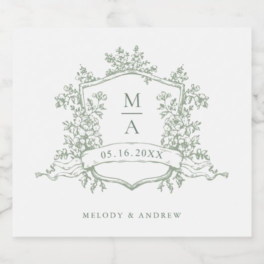 Classic Sage Green Floral Crest Monograms Wedding Sparkling Wijnetiket (Enkel label)
