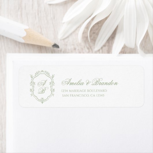 Classic Sage Green Floral Monogram Crest Wedding Etiket (Insitu)