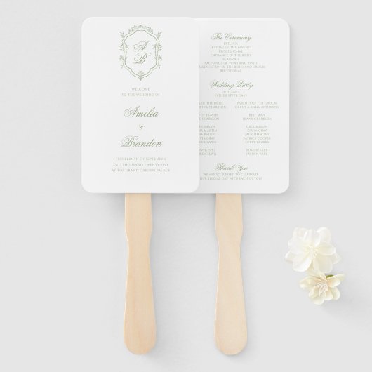 Classic Sage Green Monogram Crest Wedding Program Handwaaier (Voorkant en achterkant)
