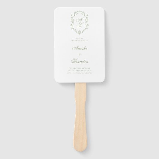 Classic Sage Green Monogram Crest Wedding Program Handwaaier (Voorkant)