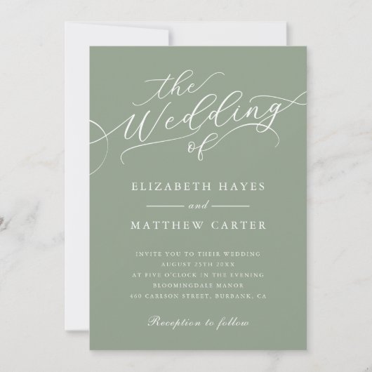 Classic Sage Green Script Wedding Kaart (Voorkant)