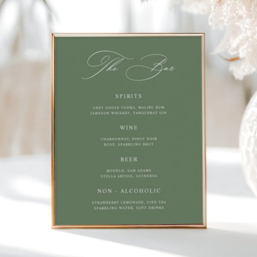 Classic Sage Green Wedding Bar Menu Poster