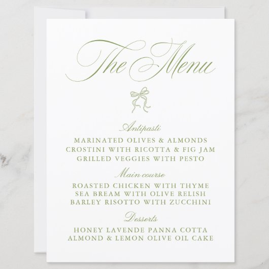 Classic Sage Green & White Bow Menu Mariage (Devant)