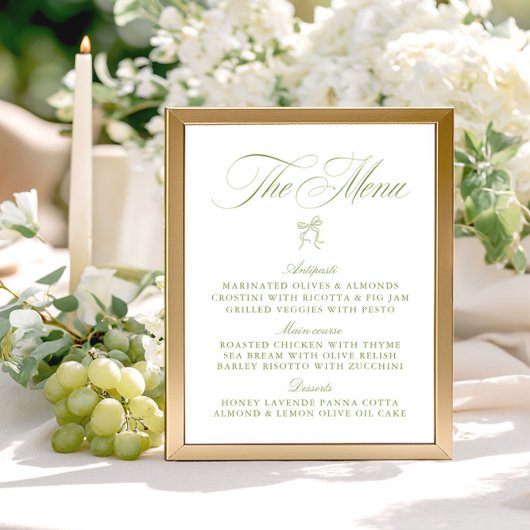 Classic Sage Green & White Bow Menu Mariage