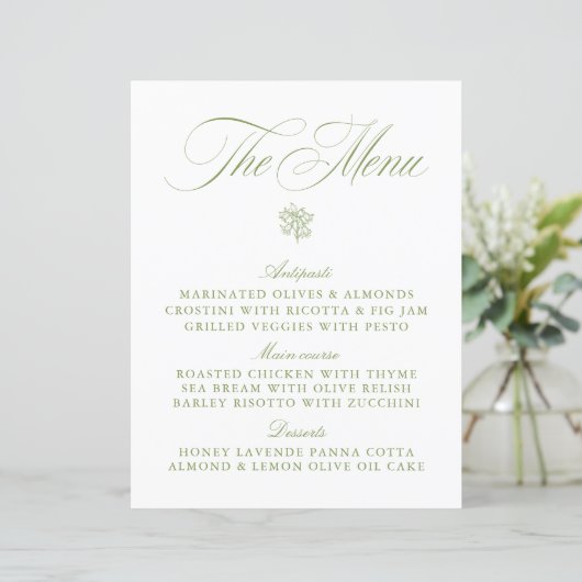 Classic Sage Green & White Mariage Menu (Debout devant)