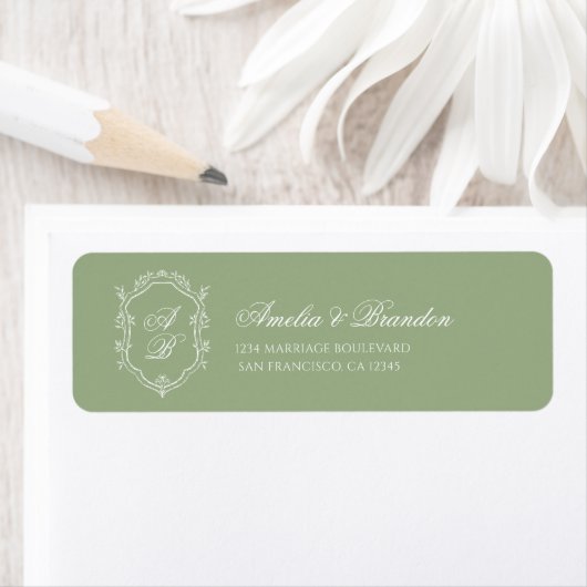Classic Sage Green & White Monogram Crest Wedding Etiket (Insitu)