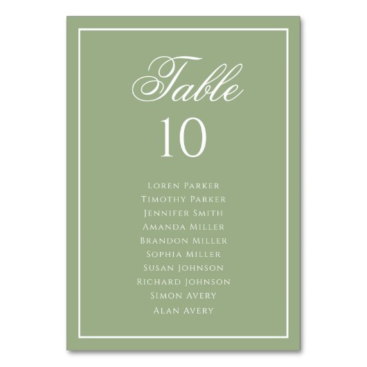 Classic Sage Green & White Wedding Seating Chart Kaart (Voorkant)