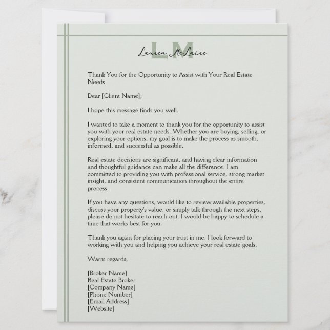 Classic Sage Realtor Client Correspondence Letter Briefhoofd (Voorkant)