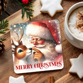 Classic Santa Claus and Rudolph Festive Coasters Vierkante Kartonnen Onderzetter