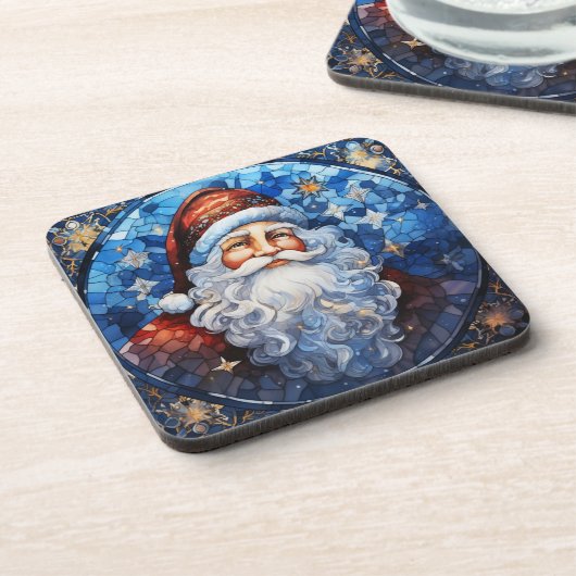 Classic Santa Claus Blauw Glas in lood Bier Onderzetter (Linkerzijde)