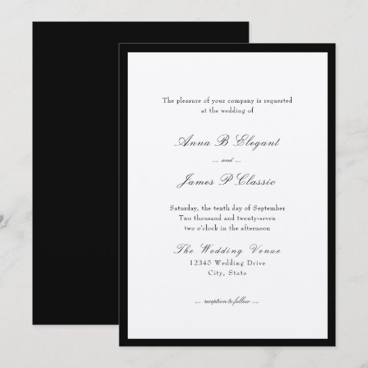 Classic Script Black Wedding Invitation Kaart (Voorkant / Achterkant)