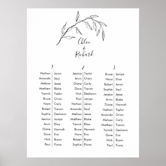 Classic Script Botanical Wedding Table Chart Poster (Voorkant)