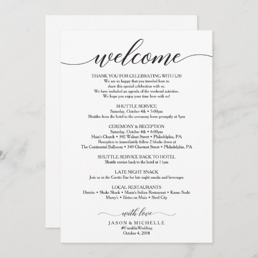 Classic Script Wedding Itinerary - Weddenschap Kaart (Voorkant / Achterkant)