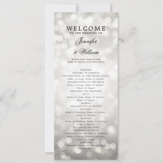 Classic Script Wedding Programma Zilveren Bokeh Li (Voorkant)