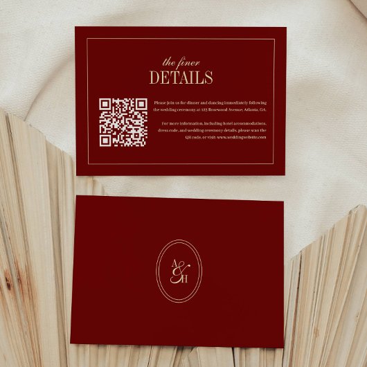 Classic Script Wine Red QR Code Wedding Details Informatiekaartje