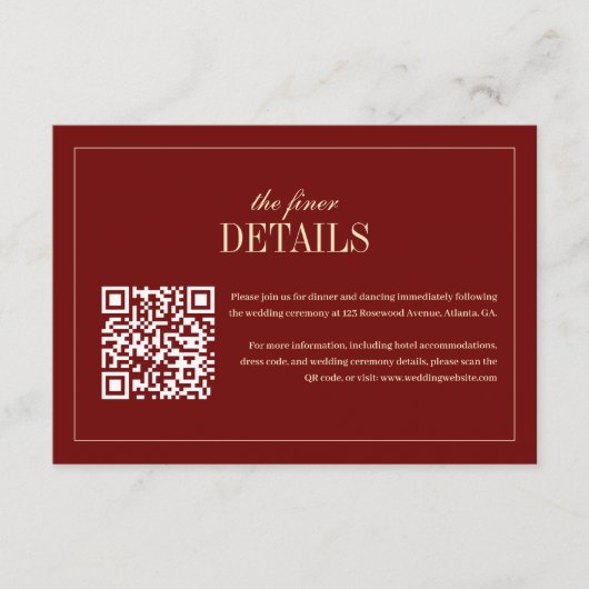 Classic Script Wine Red QR Code Wedding Details Informatiekaartje (Voorkant)