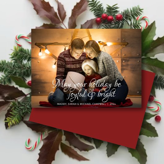 Classic Scripted Wish Ruby Rood Foto Kerstmis Feestdagenkaart
