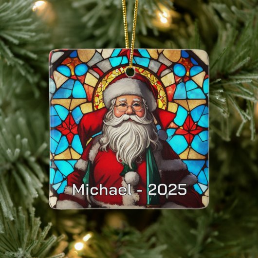 Classic Stained Glass Santa Keramisch Ornament (Boom)