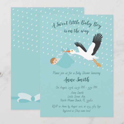 Classic Stork Baby boy Shower Invitation (Devant / Derrière)
