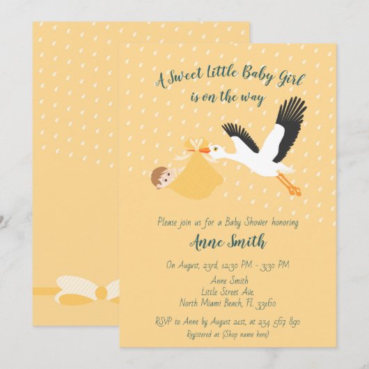 Classic Stork Baby girl Shower Invitation (Devant / Derrière)