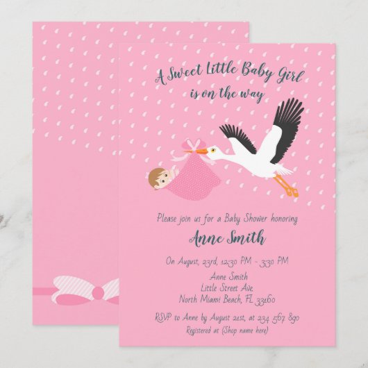 Classic Stork Baby girl Shower Invitation (Devant / Derrière)