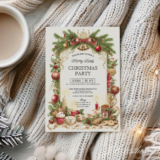Classic Stripe Red Bow Christmas Party Invitation