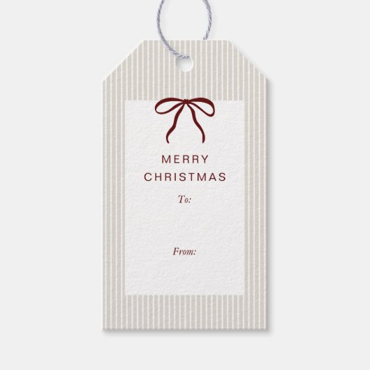 Classic Stripes Red Bow Merry Christmas Cadeaulabel (Voorkant)