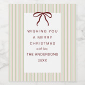 Classic Stripes Red Bow Merry Christmas Wijn Etiket (Enkel label)