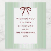 Classic Stripes Red Bow Merry Christmas Wijn Etiket (Enkel label)