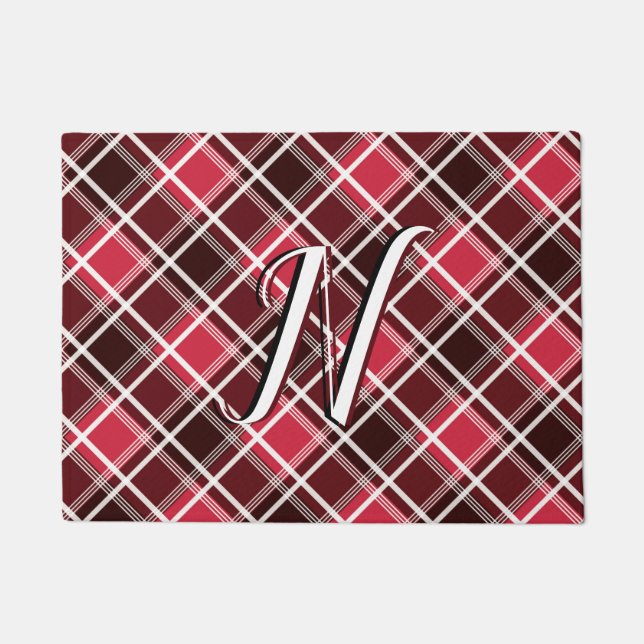 Classic Tartan Pset Red Black Monogram Aangepast Deurmat (Voorkant)