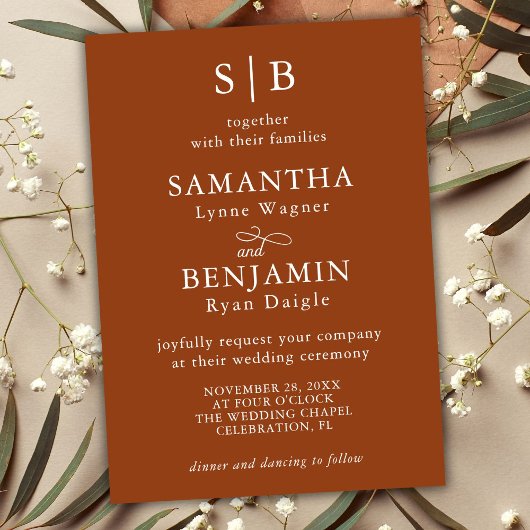 Classic Terracotta Monogram Initialen Bruiloft Kaart