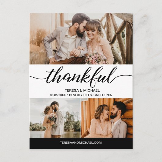 Classic Thankful Script 3 Fotohuwelijk Briefkaart (Voorkant)
