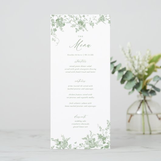 Classic Toile Green Floral Mariage Menu Table (Debout devant)